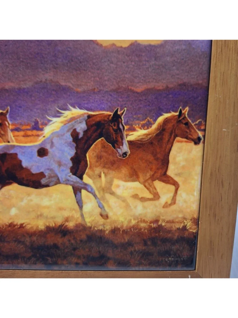 SET OF (2) CYPRESS HOME CERAMIC TRIVET/WALL HANGING RUSTIC WOODEN FRAME HORSES